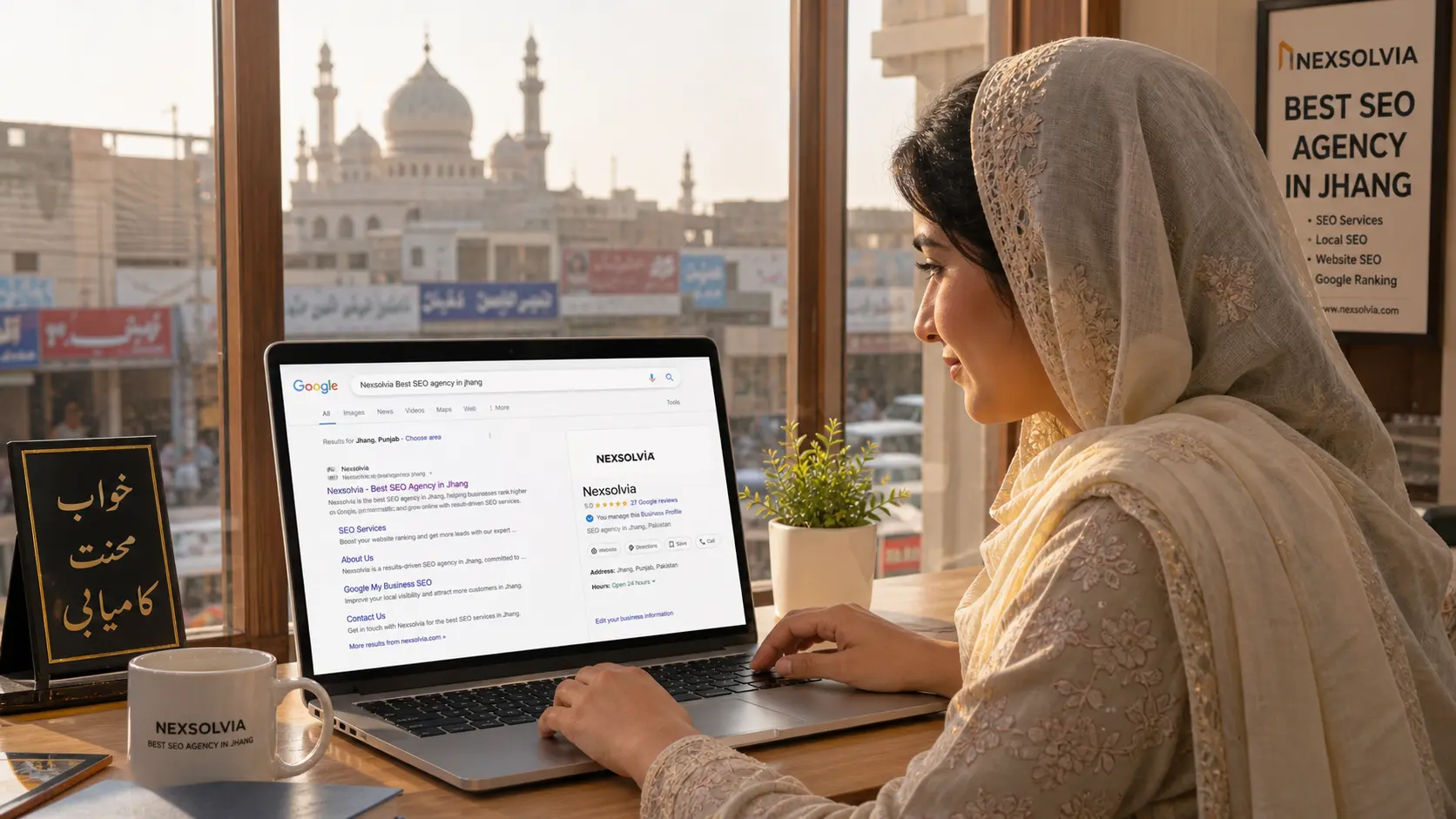 Best SEO Services in Jhang – business owner checking Google rankings