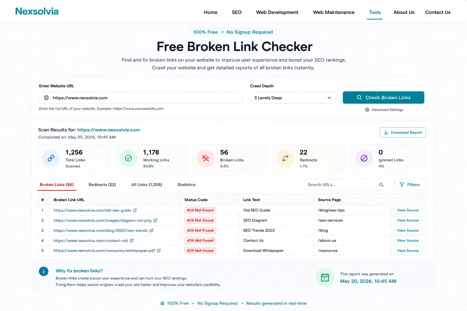 Nexsolvia broken link checker tool scanning website URLs, detecting 404 errors, redirects, and damaged internal links for technical SEO improvements