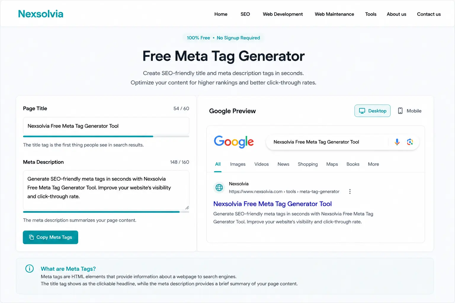 Nexsolvia free meta tag generator tool with SEO title and meta description editor, live Google snippet preview, and optimized SERP display interface in 2026