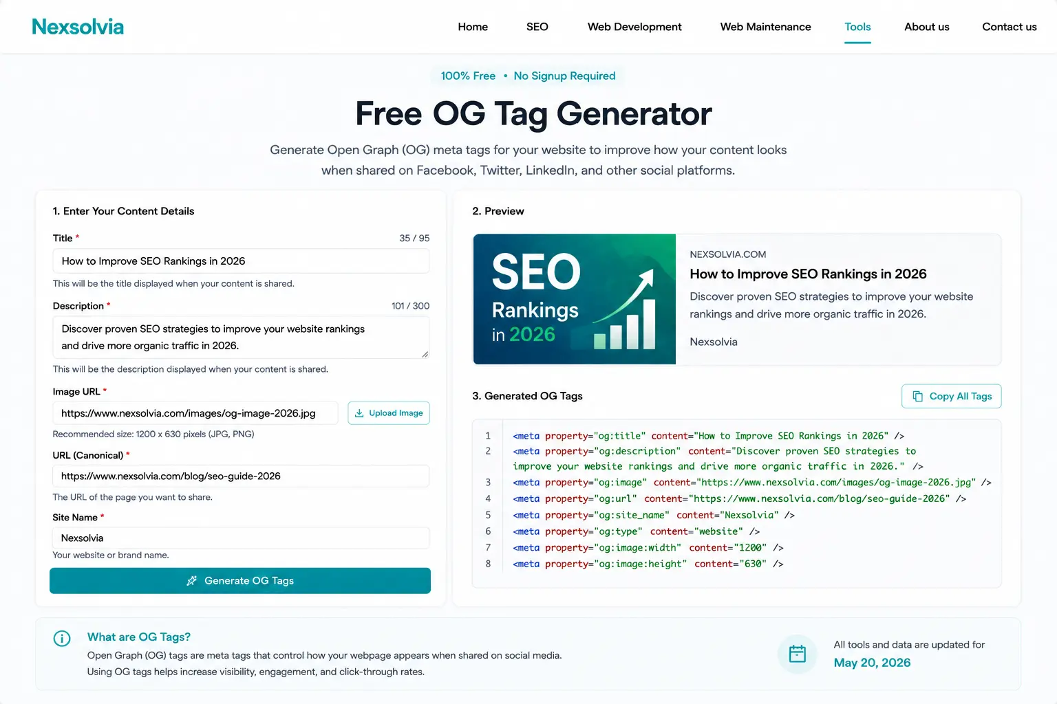 Nexsolvia OG tag generator tool creating Open Graph meta tags for Facebook, LinkedIn, and social media previews with live sharing card simulation
