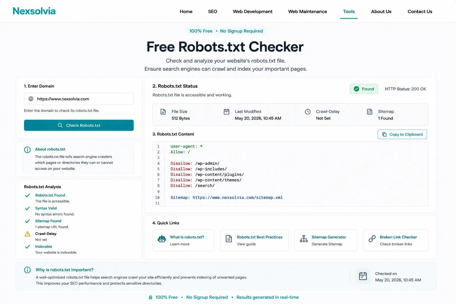 Nexsolvia robots.txt checker tool analyzing website crawl directives, robots.txt status, sitemap detection, and SEO indexing settings in a modern dashboard