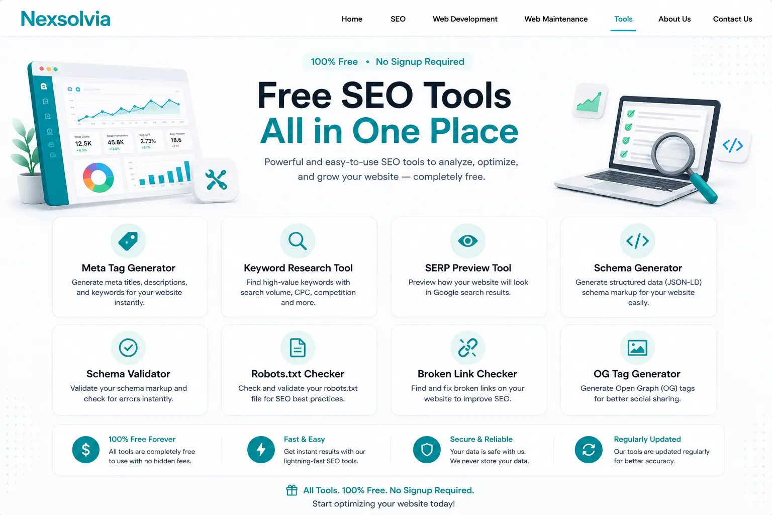 Nexsolvia free SEO tools landing page featuring meta tag generator, schema tools, keyword research, robots.txt checker, SERP preview, and broken link checker dashboard icons in 202