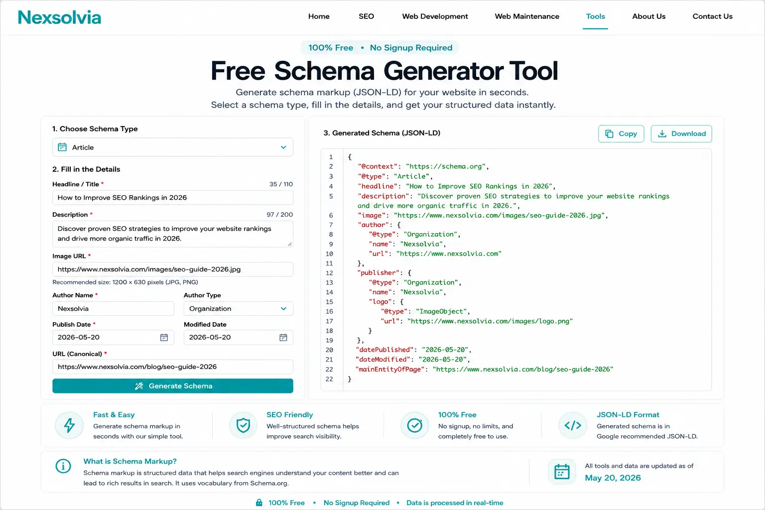 Nexsolvia free schema markup generator tool interface with JSON-LD structured data creator, schema markup form fields, and generated code preview for SEO optimization