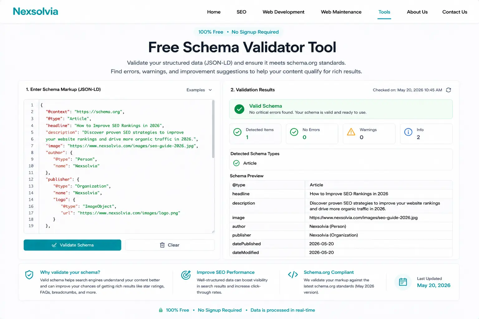 Nexsolvia schema validator tool checking JSON-LD structured data with validation results, schema errors, warnings, and SEO rich results testing interface